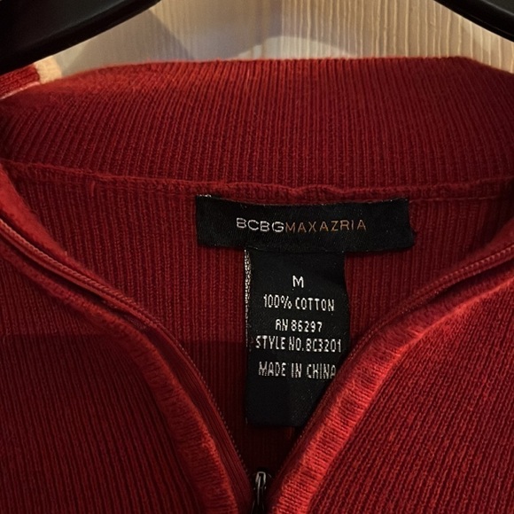 BCBGMAXAZRIA-M-Red-quarter zip, long sleeve sweater with white stripe down arms - Picture 3 of 10
